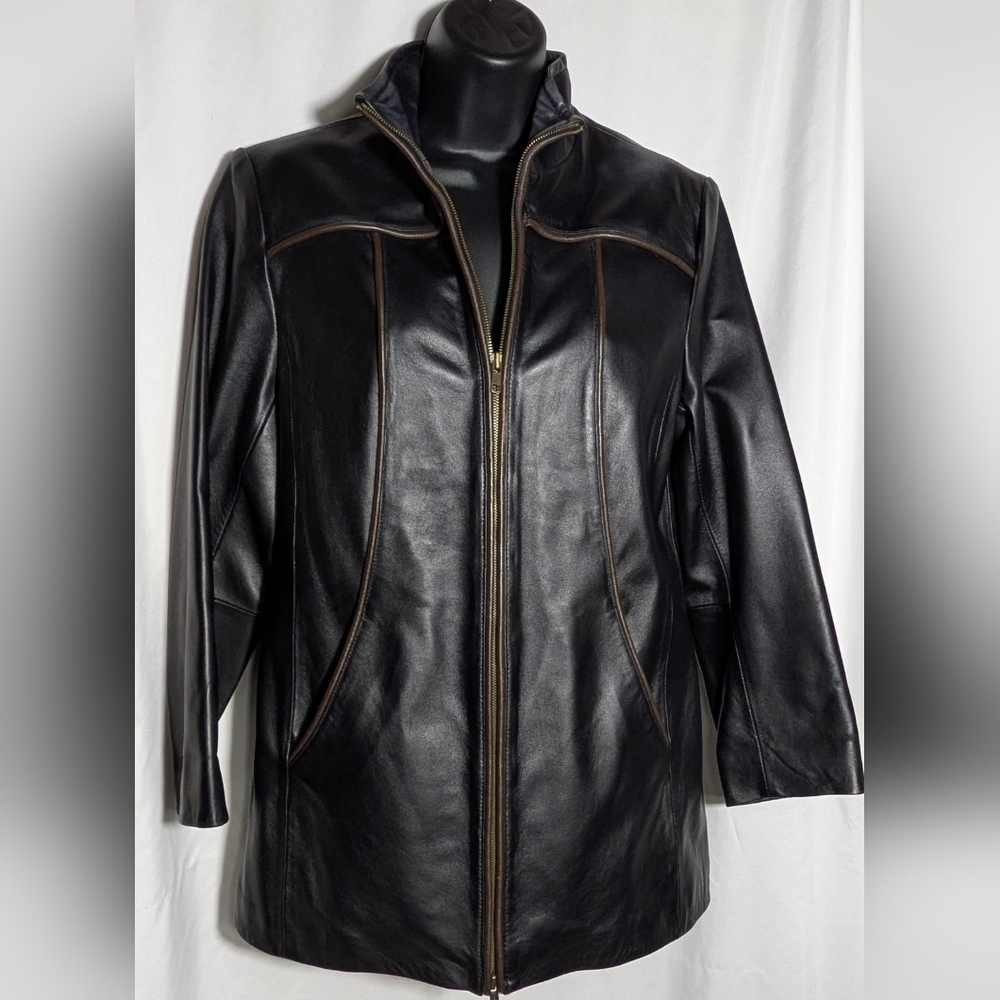 Women's Black Soft Leather w/brown piping Coldwater Creek Jacket | size‎ PXS